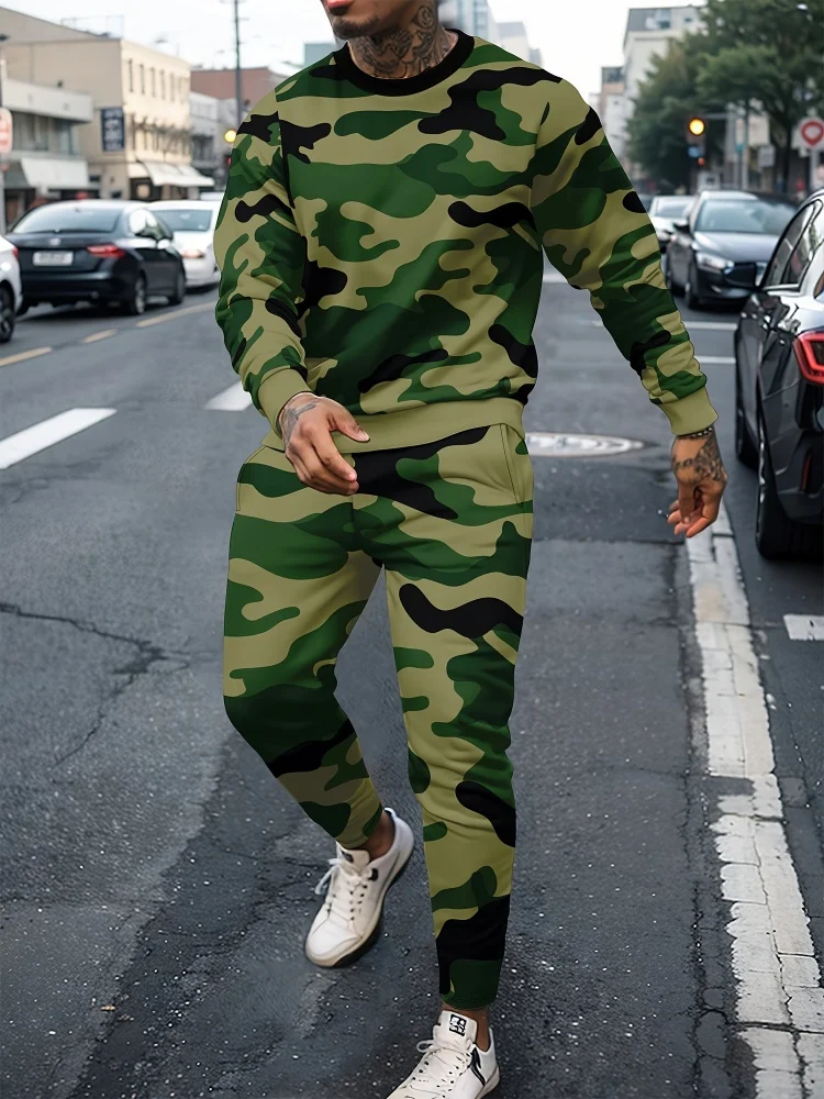

New Camouflage Men's Set 3D Camouflage Print Long-Sleeve T-Shirt And Pants Set Stylish Outdoor Sports Two-Piece Set