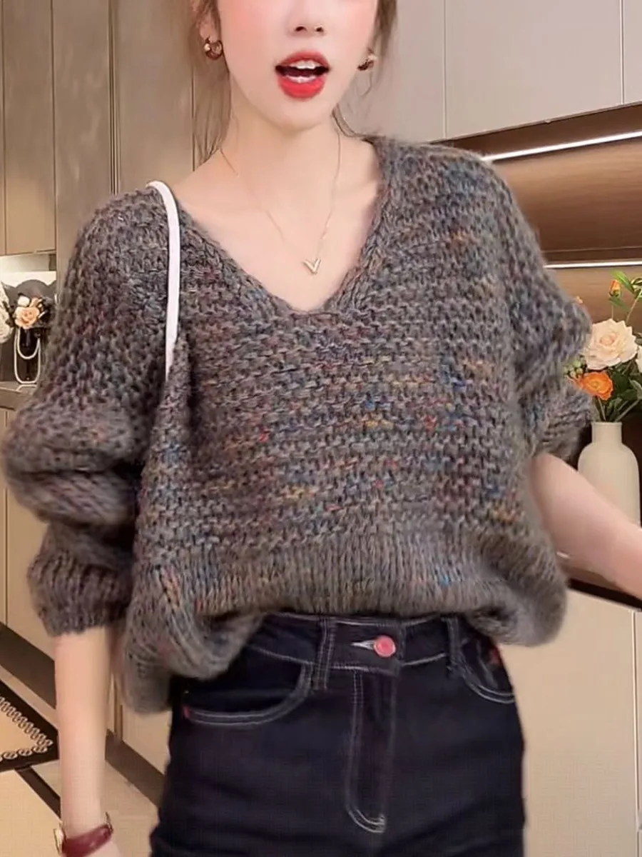 한국 스타일 브이넥 니트웨어 루즈핏 오버헤드 부드럽고 아늑한 가을 겨울 신상품 슬림핏 다용도 여성 스웨터
