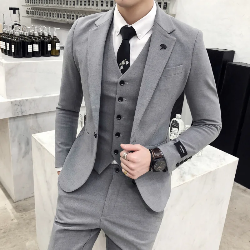 

(Jackets+Vest+Pants) 2022 New Men's pure cotton business Blazers/Man slim fit three-piece casual suit/Fashion groom dress S-3XL