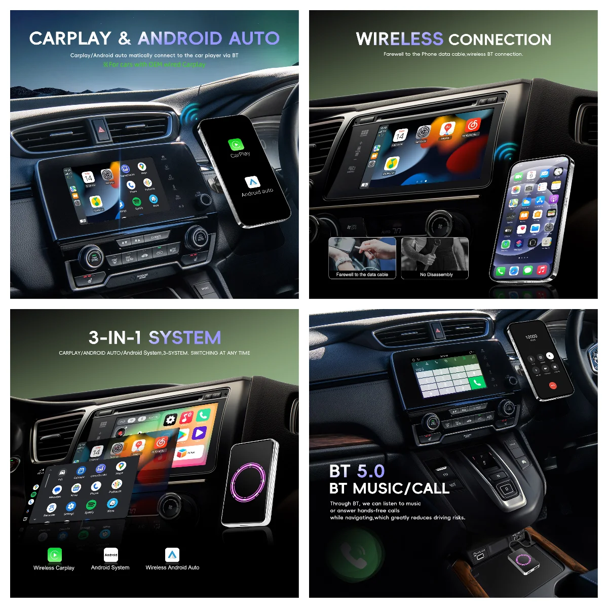 Podofo Android Carplay AI Box 4 Core 4+32G Wireless CarPlay Android Auto 3 In 1 Youtube WiFi BT Adapter USB Dongle