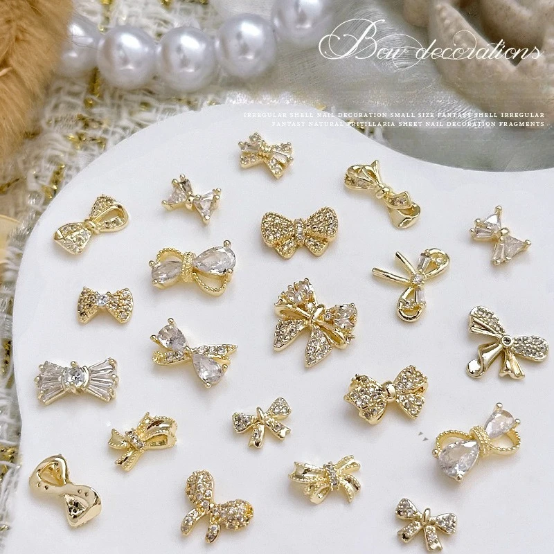 1Pcs Color Retention Plated Zircon Bow Nail Charms Fade Resistant Streamer Knot Metal Ornaments For DIY Handmade Manicure Decor