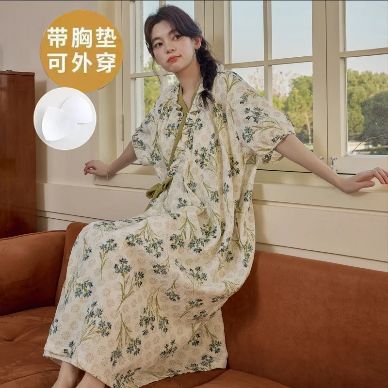 Summer Women's Nightwear with Bra Pad 2025 New Korean Fashion Nightgown Short Sleeves Homewear Young Girl Female Sleepwear