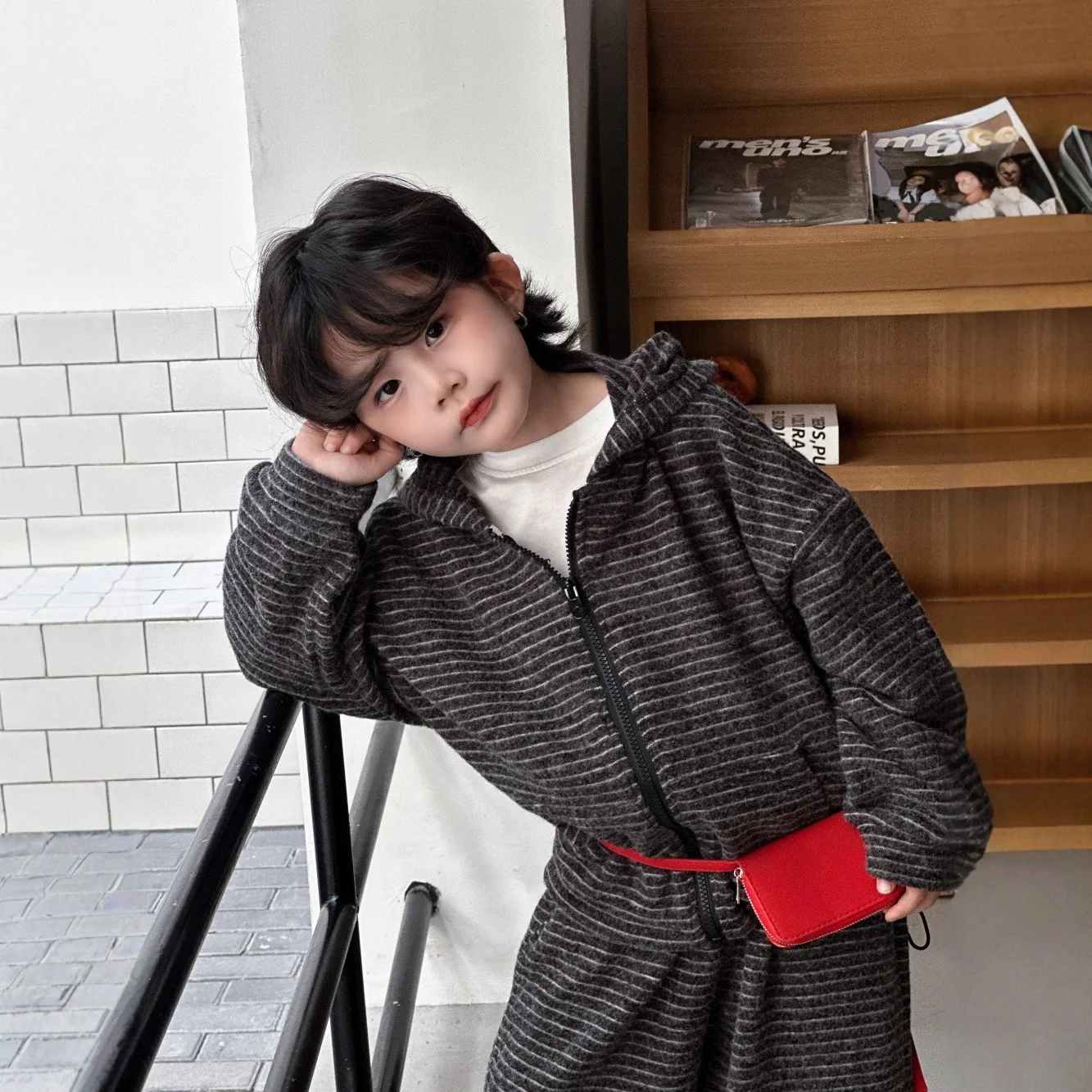 Children's Suit 25 Autumn Lazy Wind Striped Long-sleeved Hooded Jacket Top + Thin Wide-leg Trousers