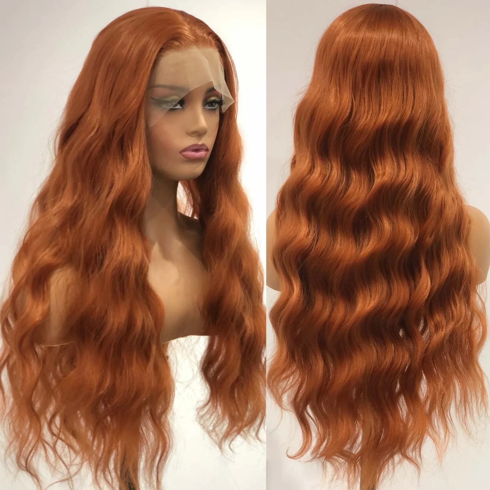 Long Curly Natural Wavy Synthetic Hair Ginger Orange Lace Front Wig Loose Deep Wave Brown Colored 13X4 Frontal Wigs for Women