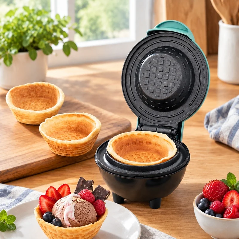 Electric Waffle Bowl Maker with Dual Voltage 110V/220V, Perfect for Homemade Breakfast Treats, Egg Rolls, Tarts, and Ice Cream