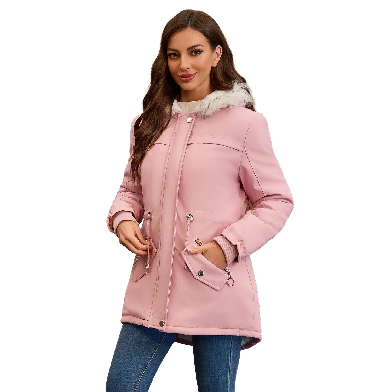 Autumn Winter New Women's Medium-Long Hooded Fleece Patchwork Cotton-Padded Coat With Fur Collar Waist-Close Warm