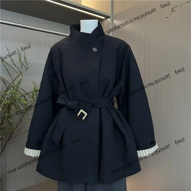 

Khaki strappy short trench coat for women's autumn waist loose Korean silhouette high-end