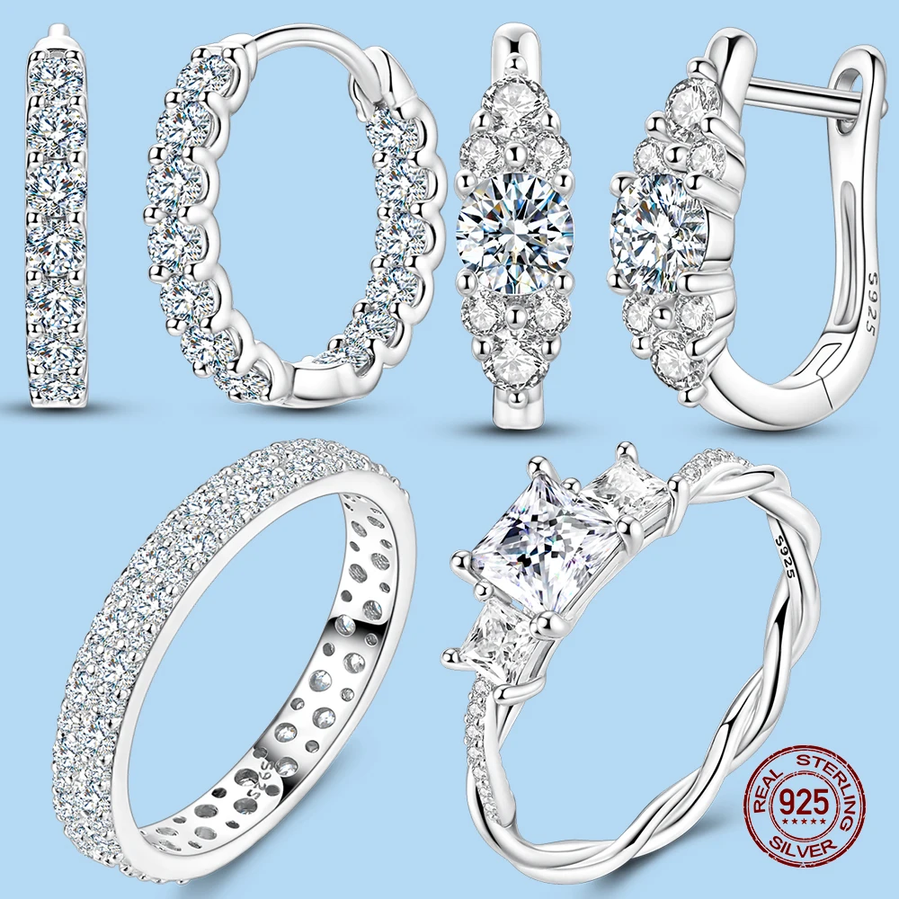 

Moissanite Ring and Earring Set 925 Sterling Sliver Sparkling Classic Diamond Band for Women Wedding Engagement Party Jewelry