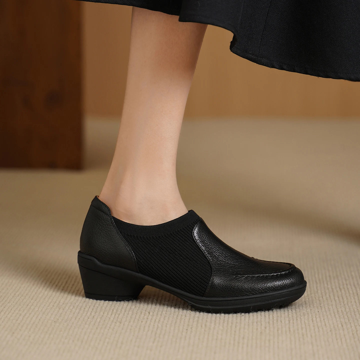 Genuine Sheepskin Women Pumps Elastic Knit Stretch Round Toe Slip on High Vamp Shoes Mid Chunky Heel Spring Summer Apricot Black