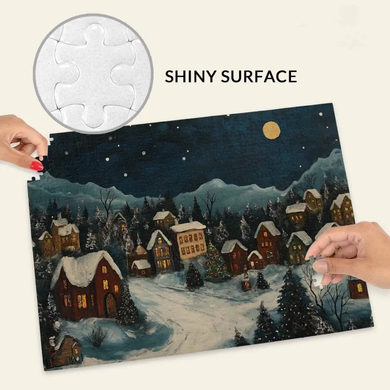 大人向けジグソーパズル 500ピース - 雪に覆われたクリスマスの村、月明かりの夜のクリスマス柄ジグソーパズル、魅力的な家族ゲーム