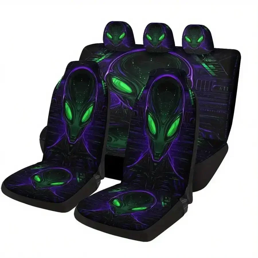 Alien Face Design Car Seat Cover Set For Front And Rear Seats Universal Fit