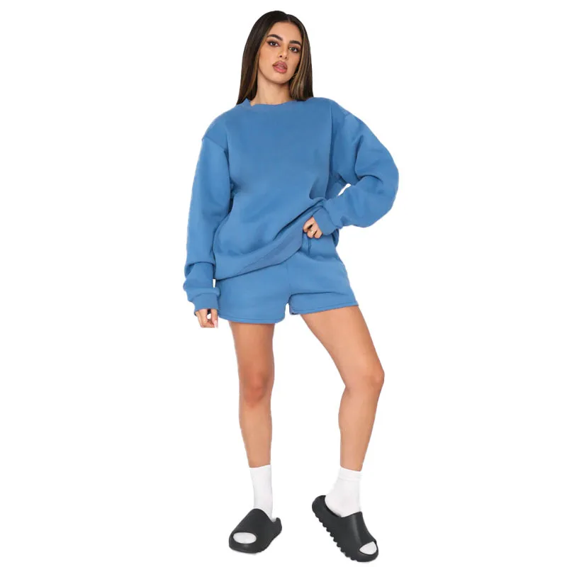 

Autumn and Winter New Women's Solid Color Round Neck Long-sleeved Hoodie Fashion Casual Shorts Sports Women's Two-piece Suit