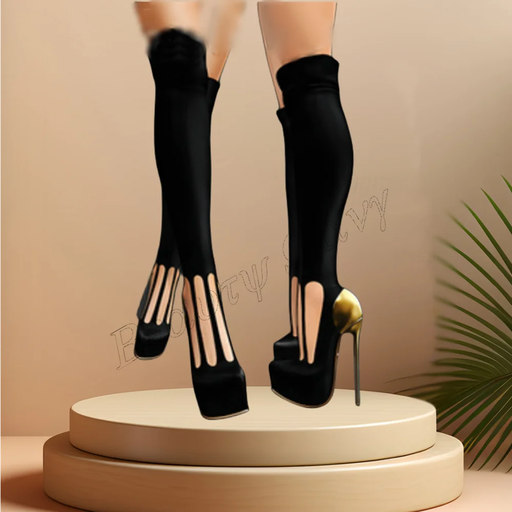 

Black Hollow Platform Boots Gold Heel Over the Knee Thin High Heel Shoes for Women High Heel Fashion 2023 New Zapatillas Mujer