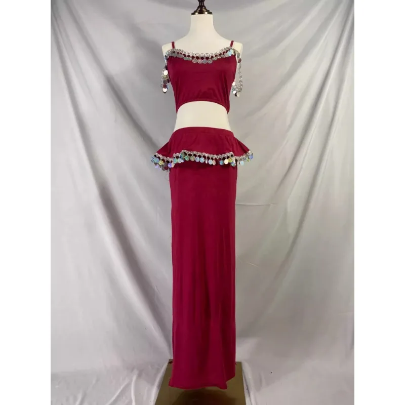 أزياء الرقص الشرقي المخصصة رداء الترتر الأحمر الحجاب حزام ملابس الرقص الشرقي Saidi Shabbi رداء شعبي