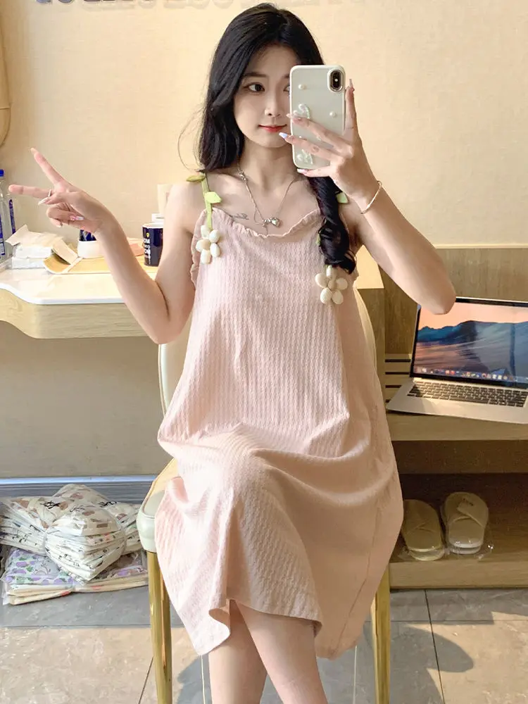 Women Cute Nightgown Pajamas Milk Silk Floral Sleepwear Dress Sweet Spaghetti Strap Nightdress Girls Cozy Home Clothing Dress