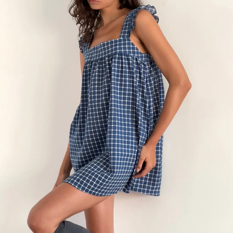 Plaid Vintage Mini Dress Smock Style Square Neckline Loose Fit Short Dress Y2K Cottage Sleeveless Frill Straps Straight Dress