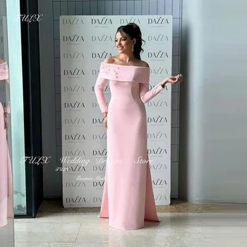 Tulx elegante fora do ombro rosa vestidos de noite até o chão mangas compridas vestidos de festa retos feminino evento formal personalizado
