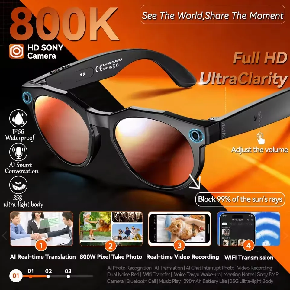 

W611 Новые 4K HD AI Смарт-очки Мужчины 8,0MP Пиксельная камера Bluetooth Вызов 4 ГБ WIFI Передача Голосовой помощник Смарт-очки Женские