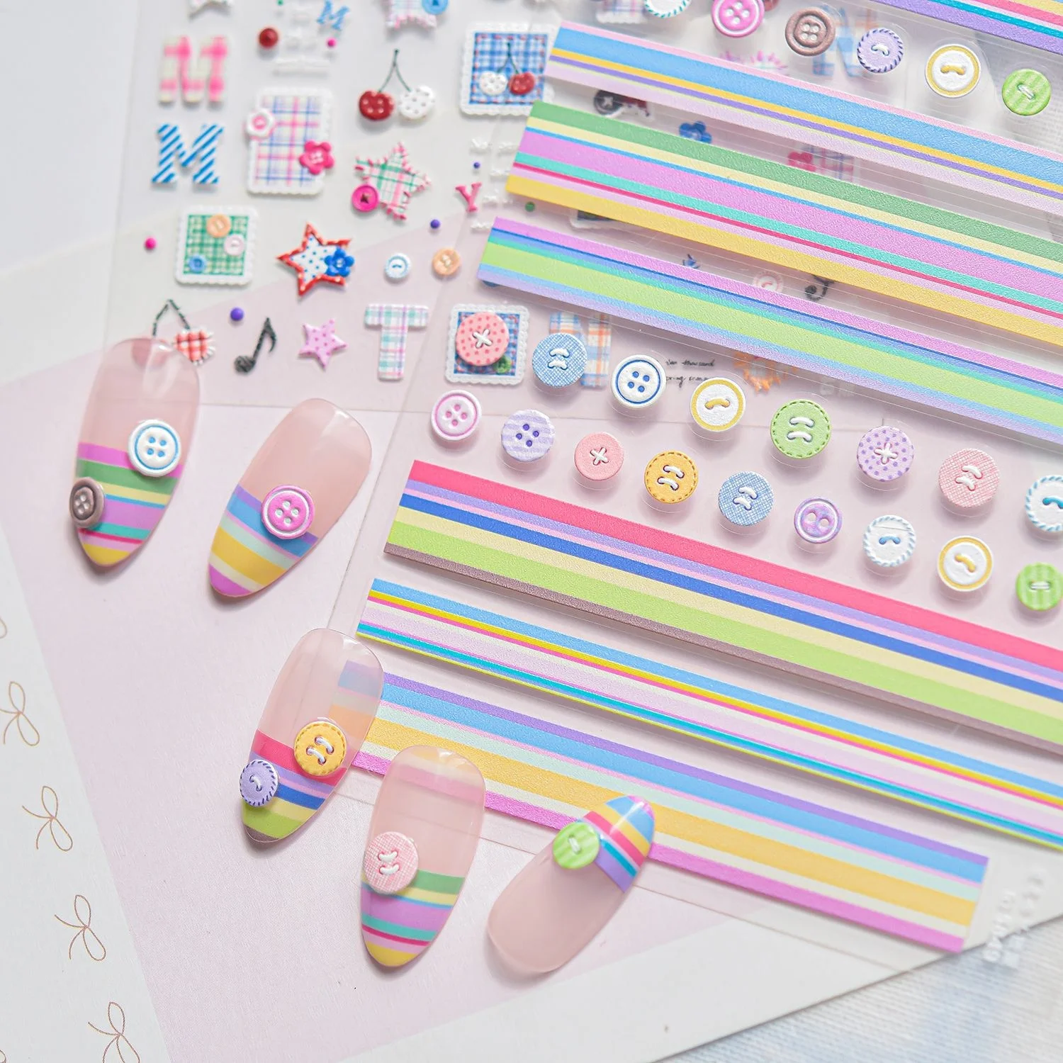Colorful Stripe Button 5D Nail Art Stickers Cherry Heart Stars Dopamine French Rainbow Cross Self Adhesive Decals Manicure DIY