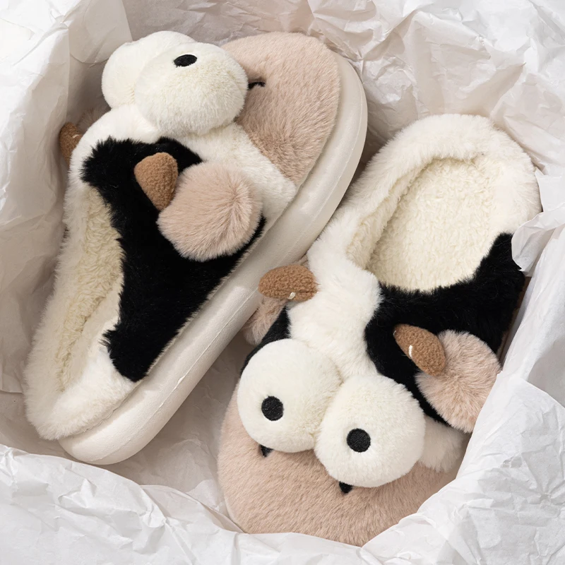 Feslishoet Winter Women Thick-Soled Shoes Adorable Cow Pattern Creative Non-Slip Comfy Versatile Indoor Outdoor Slippers Man