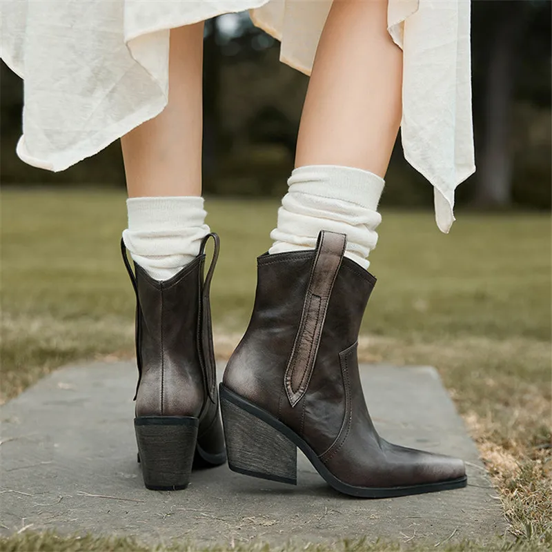 Botas de Mujer de Piel Serraje Otoño Invierno 2026, Zapatos de Moda con Punta Cuadrada para Mujer, Botines de Tacón Alto, Botas Vaqueras Hechas a Mano