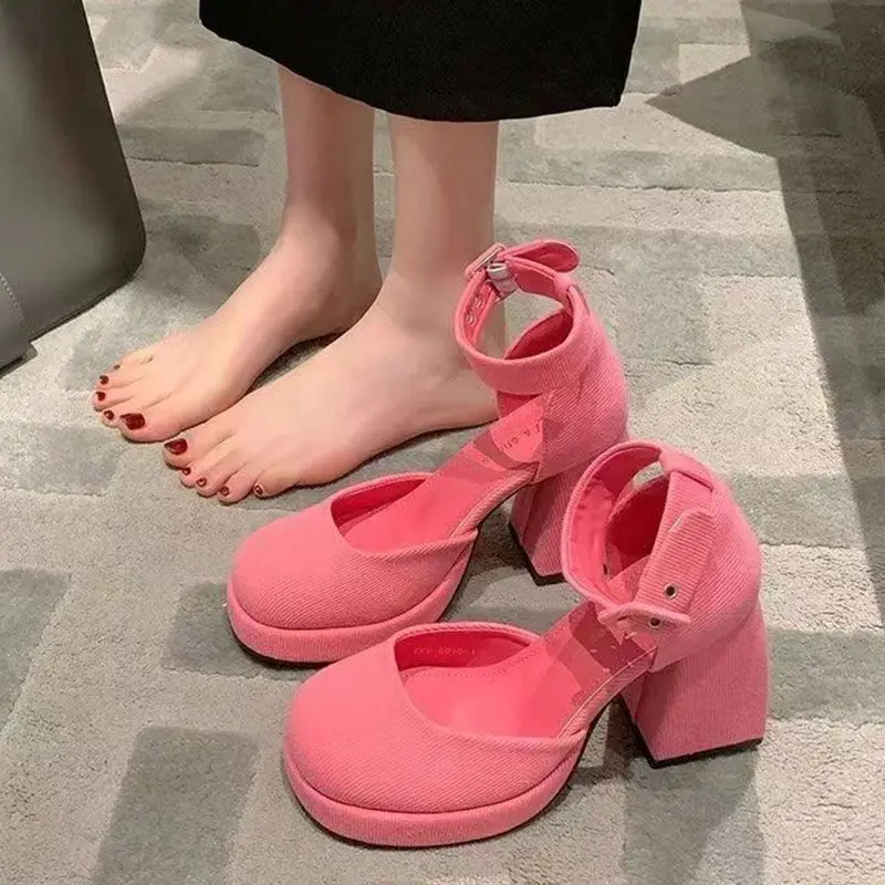 

Женские туфли Мэри Джейн на высоком массивном каблуке, водонепроницаемые, на платформе, средней высоты, весенние, новые, розовые, модные, унисекс, с круглым носком
