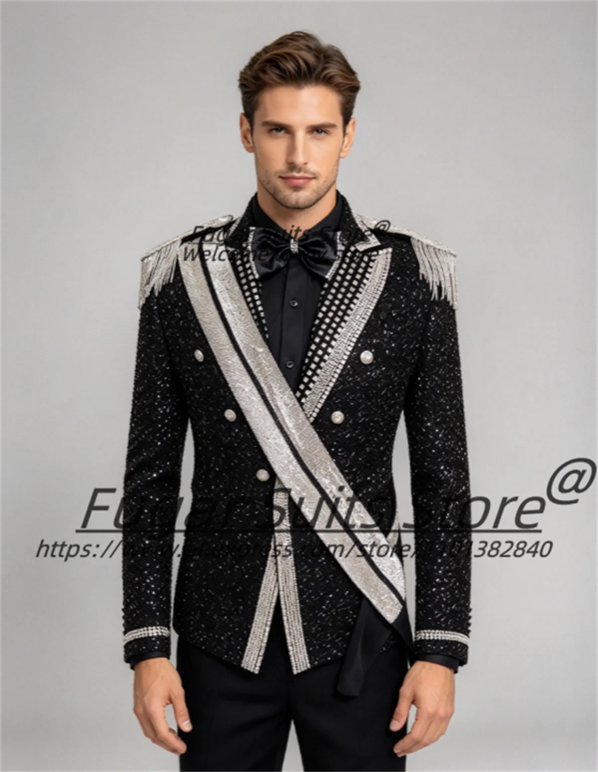 Luxury Silver Rhinestone Fringe Men Suits Customized Sequined Military Groom Wedding Tuxedos 2 Pieces Sets Costume Homme