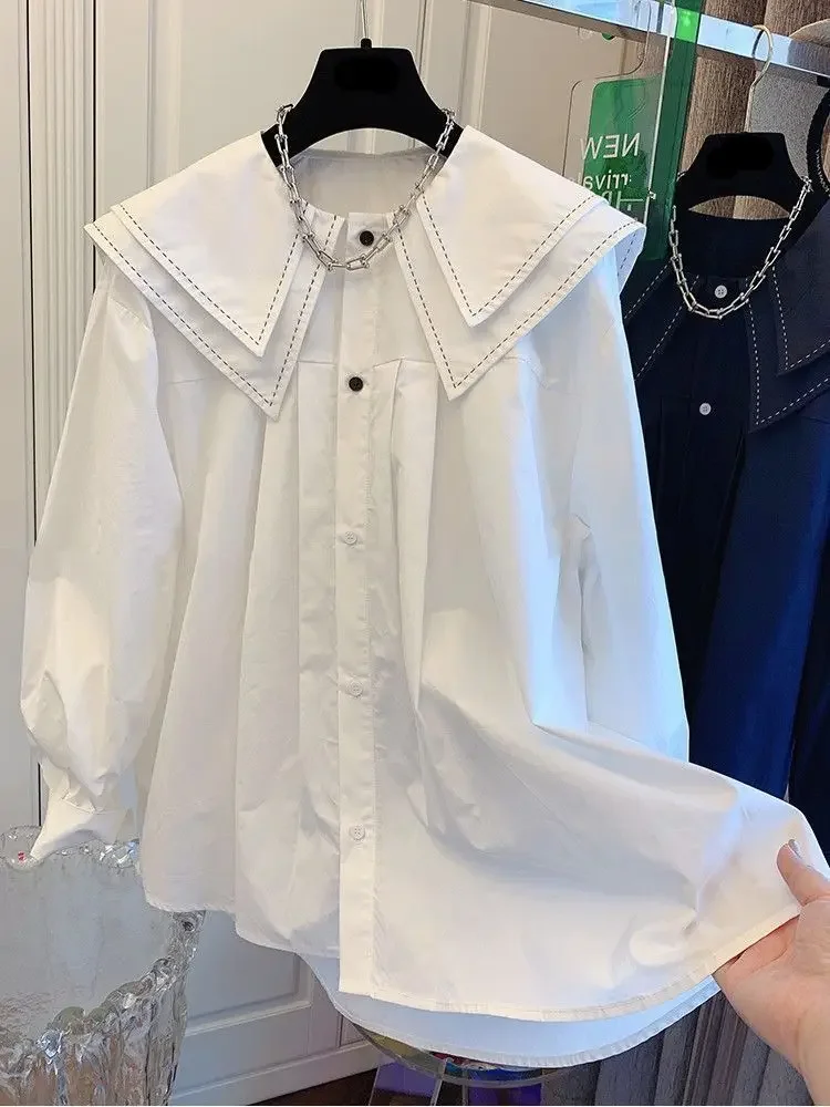 Lantern Sleeve Shirts Femme Double Layered Doll Collar Y2k White Blouse Blusas Mujer De Moda Vintage Pleated Tops Spring Autumn