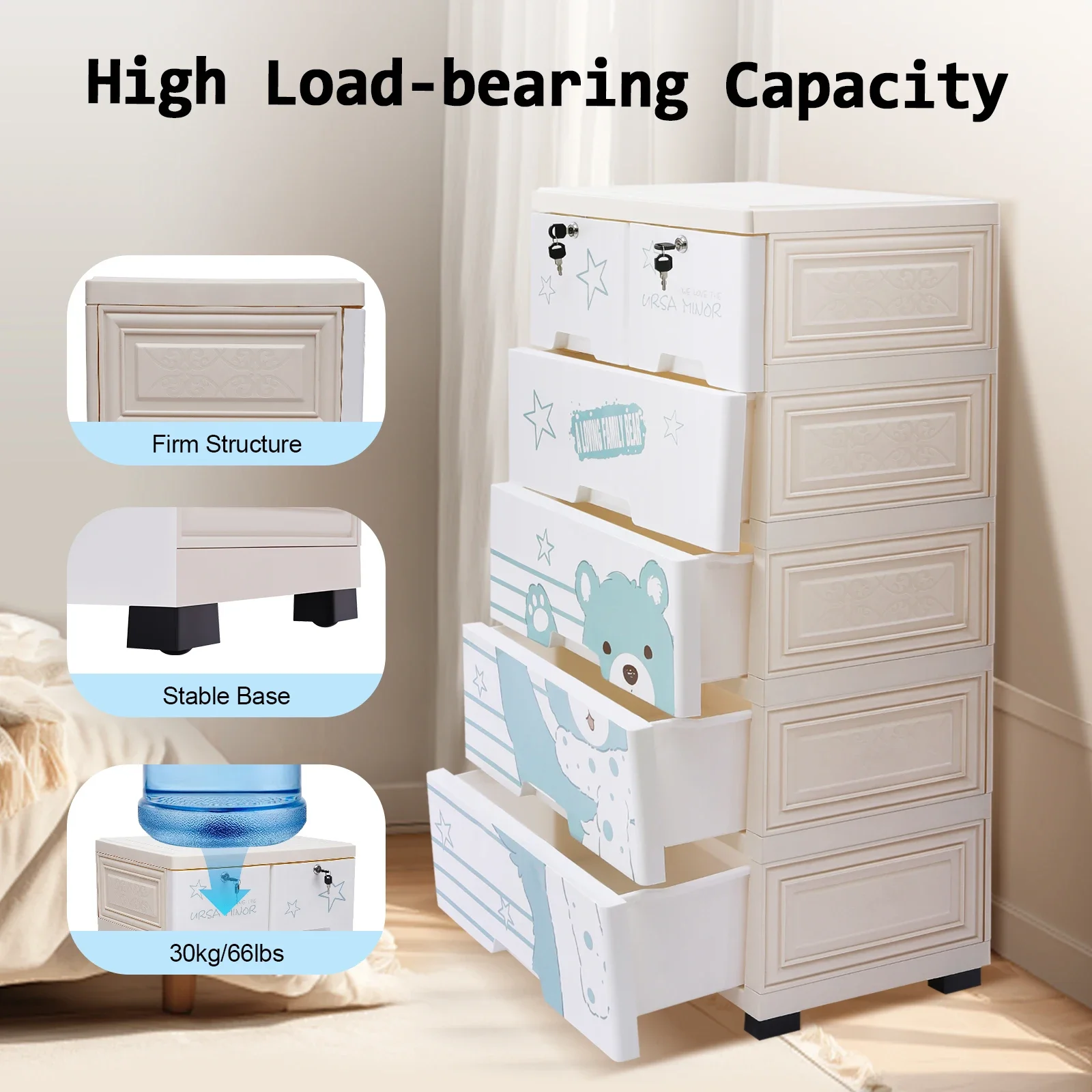 

5 Layers Plastic Storage Dresser，Food-Grade PP Material Kids Sorted Drawers with Lock,Cartoon Closet Drawers Dresser Organizer