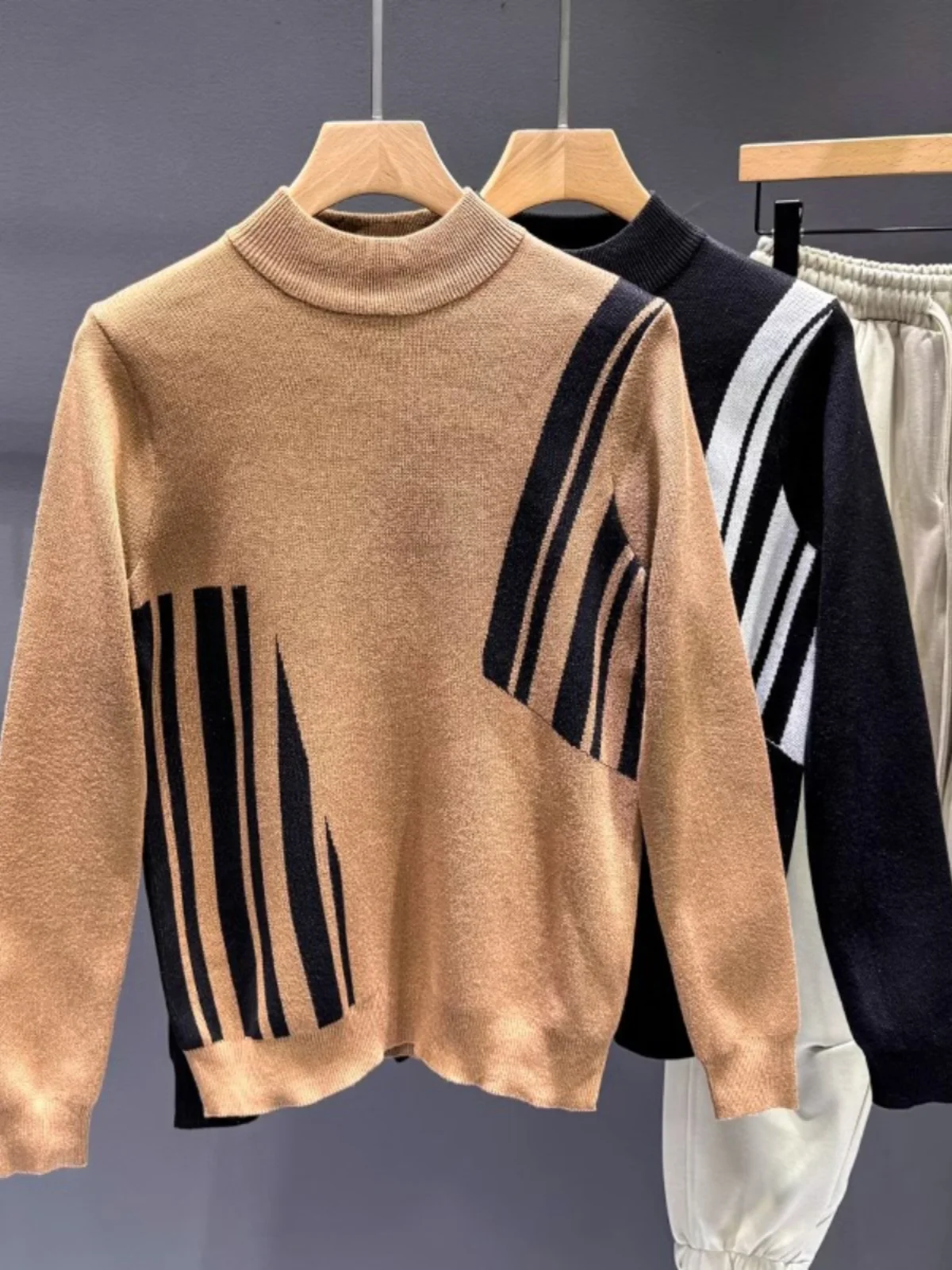 

Trendy Men's Long Sve Knitted Sweater Casual Autumn Winter Faion Slim Fit Color Blo Base irt f High Collar Youthful