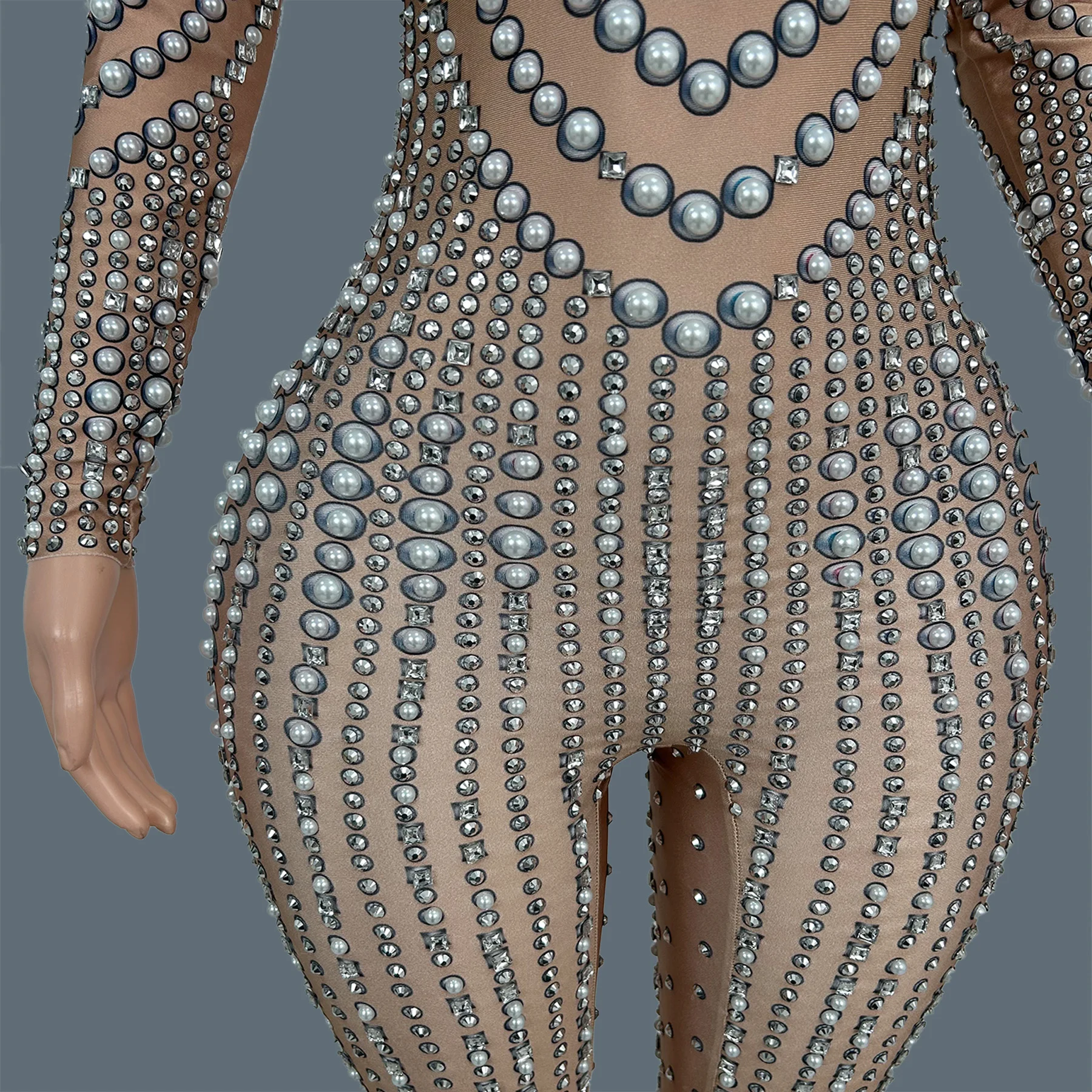 Spandex Elastic Pearls Tight Fitting Jumpsuit Nightclub Party Drag Queen Show Wear Carnival Bar Event Dance Outfit Zhenzhuwang