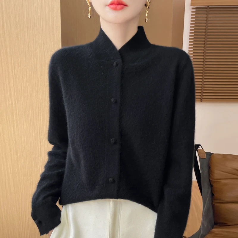 New Chinese stand collar new 100% Merino wool cardigan Autumn and winter vintage solid color sweater coat loose knit top