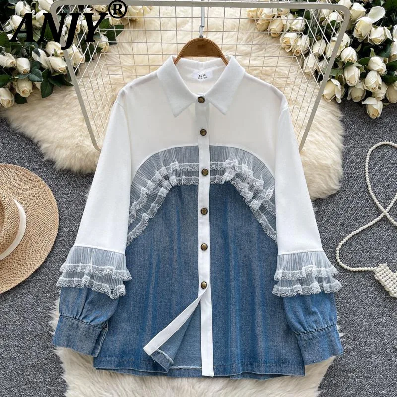 

ANJY Autumn New Women Korean Shirt Lace Patchwork Denim Contrast Color Long Sleeve Single Breasted High Street Casual Tops A8808