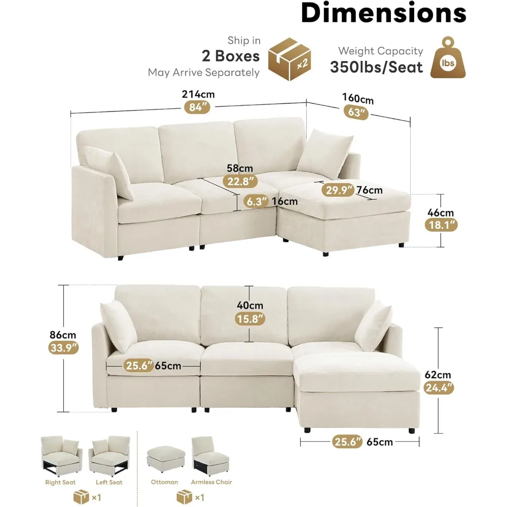 Трансформируемый 85 Г-образный секционный диван, диван Chenille Cloud с пуфиком, 4-местная мебель для гостиной - бежевый
