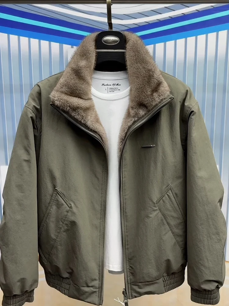 

Men's Winter Faion Jaet Double-sided Wear Warm Fce Lined Stand Collar Versatile Sli Stand Fit Casual Long Sve