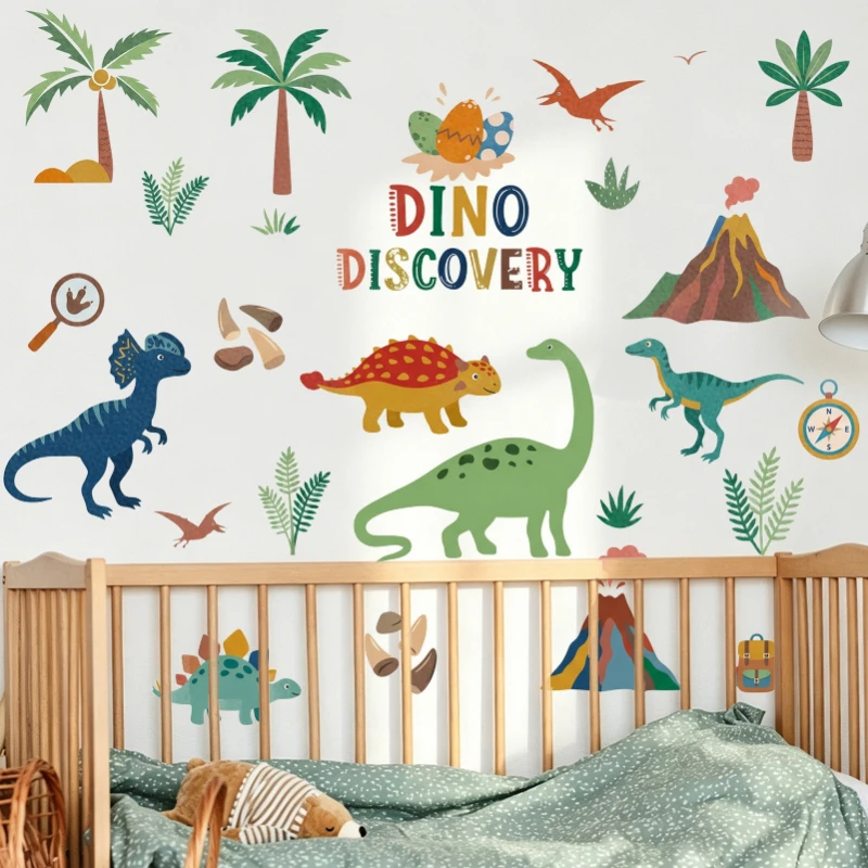 Cartoon Painted Dinosaur Wall Decals, Forest Dinosaur Group Self‑Adhesive Stickers for Playroom Bedroom Wall Decor