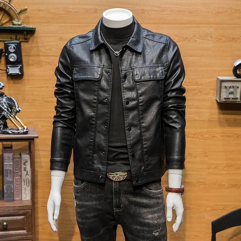 

Men's Leather Jacket Short Casual Style Spring Autumn Fashionable Slim Fit Motorcycle Jacket Sheepskin No Collar Single Button