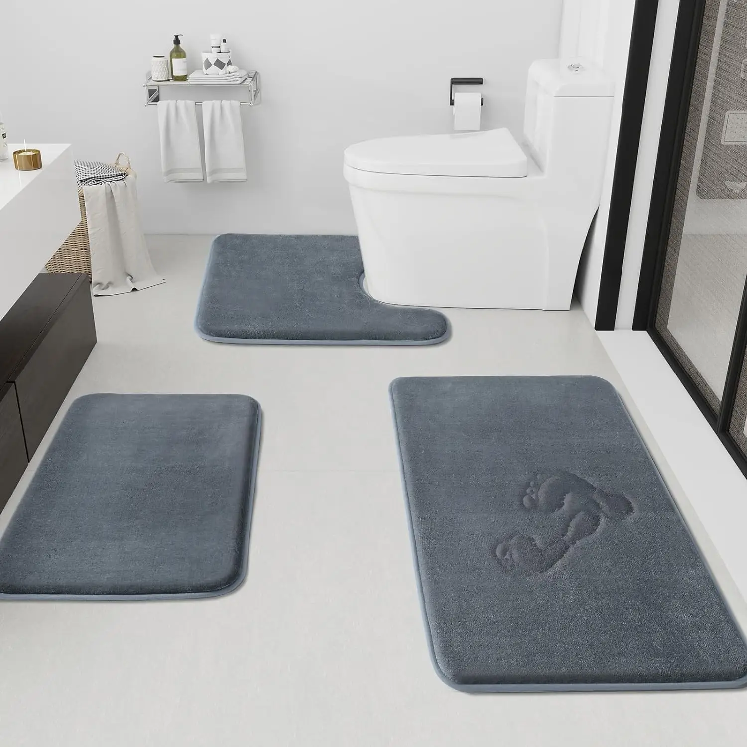 

3-Piece Bathroom Rug Set, Non-Slip Quick-Dry Velvet Mats for Shower, Toilet & Floor in Grey