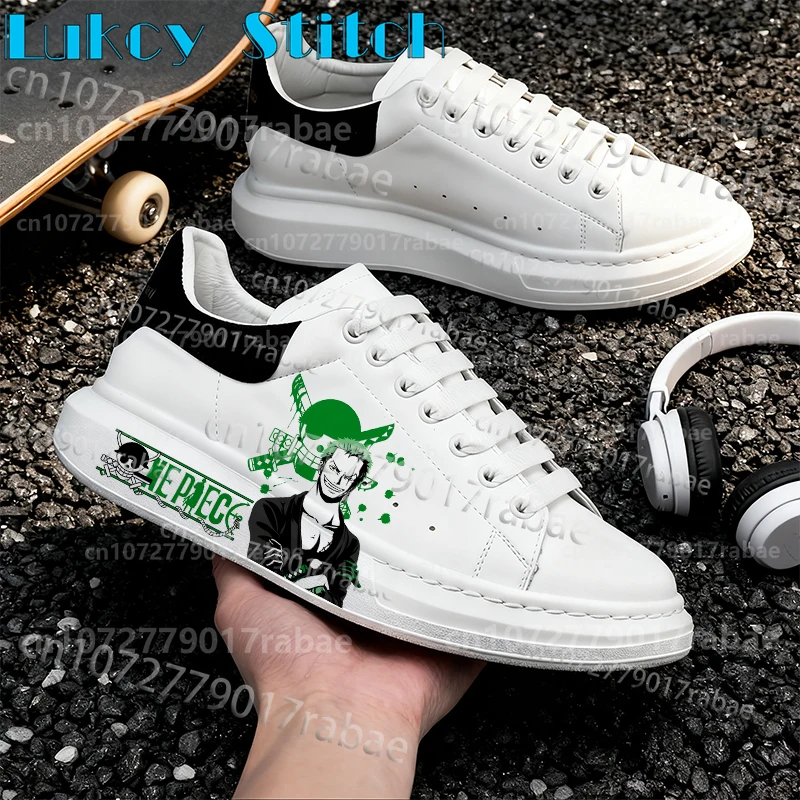

One Piece Roronoa Zoro Printing Shoes Parity Wear Resistant Lace Up White Leather Adult Durable Hiking Boots Man Size 35-44