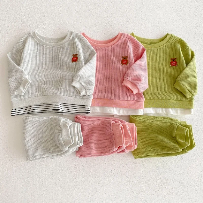 Newborn Baby Kids Waffle Clothes Sets Long-sleeve Children's Cartoon Bear Sweatshirts+Pants Suit for Girls Boys Autumn Clothing