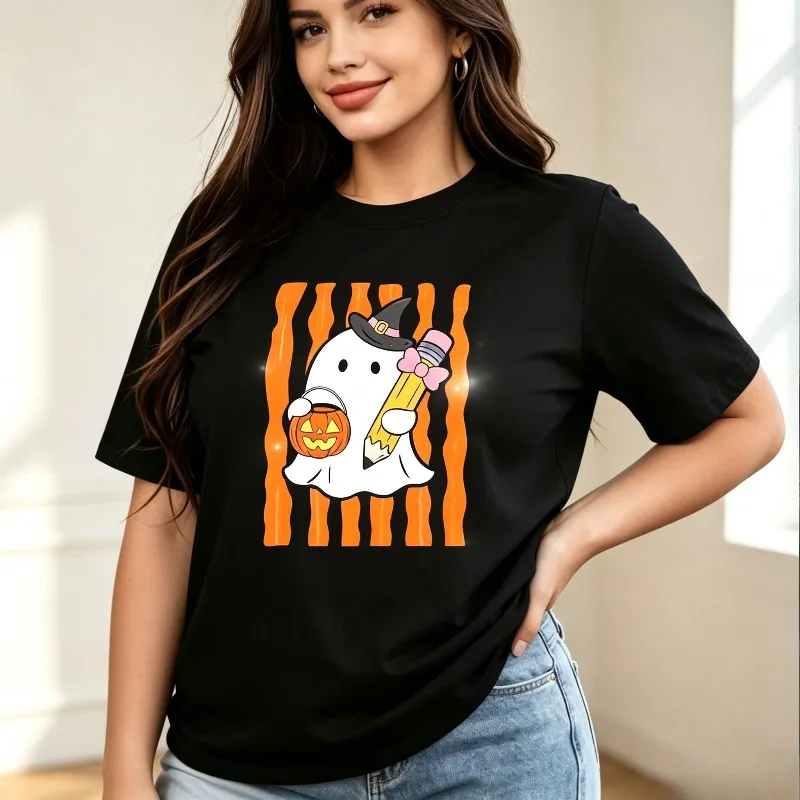 Halloween Ghost Pencil T Shirt Women Pumpkin Modal Tee Casual Short Sleeve Tops Funny Holiday Party Female Gift for Her