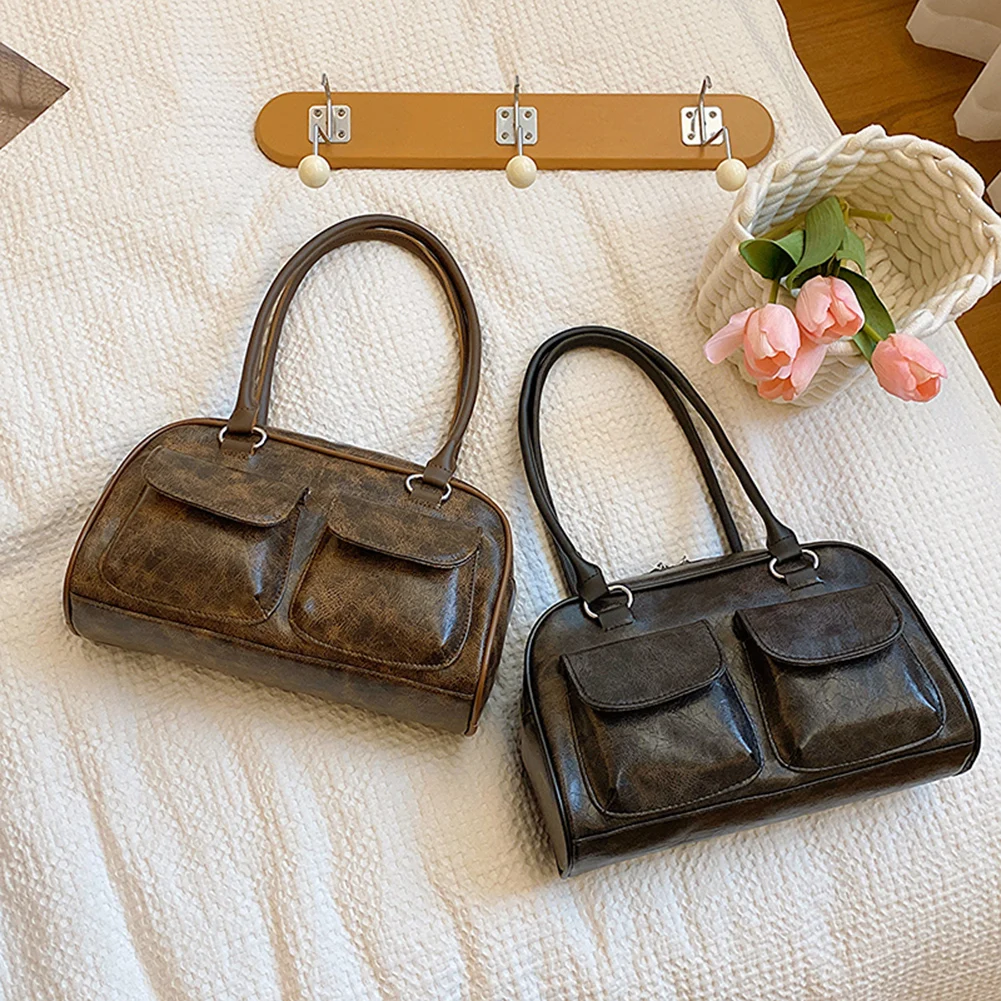 

Women Fashion Armpit Bag Double Pocket PU Vintage Shoulder Bag Solid Color Small Casual Handbag Large Capacity Retro Handbag