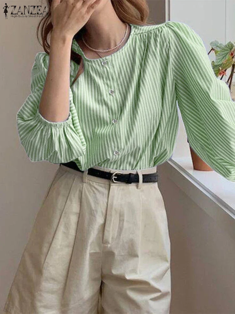 ZANZEA 2025 femmes rayé imprimé hauts vacances col rond automne Blouse longue lanterne manches tuniques mode coréenne boutons Blusas