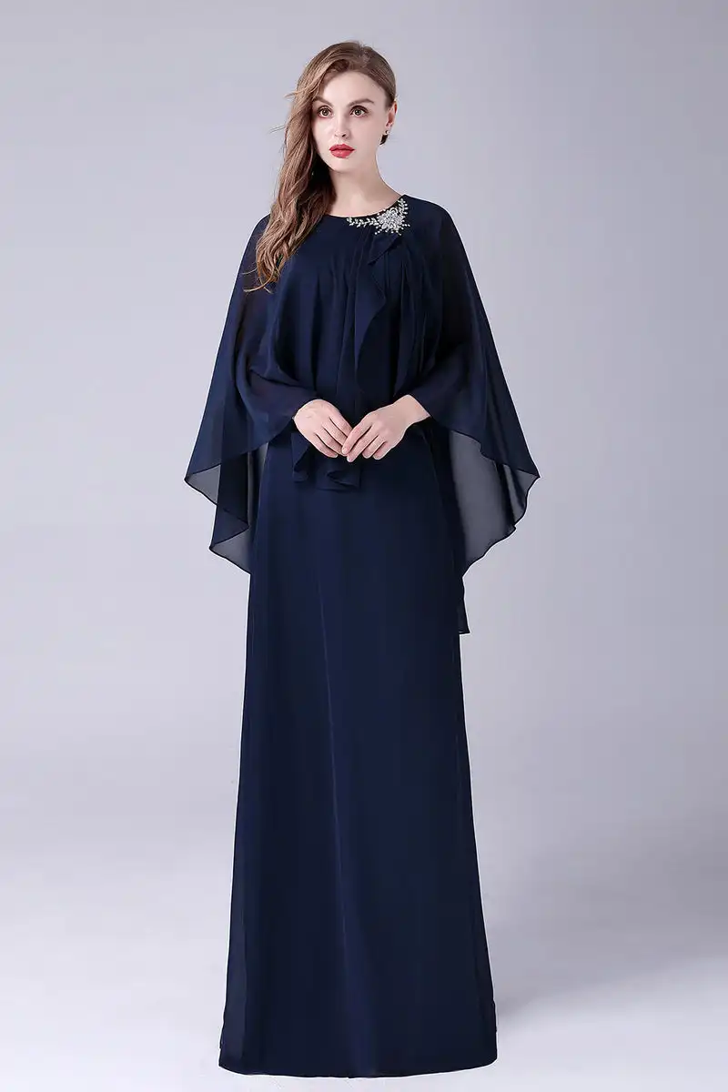 A-Line Scoop Neck Floor-Length Chiffon Mother of the Bride Dress Cape SleevProm Dress Elegant Plus Size Special Occasion Dresses