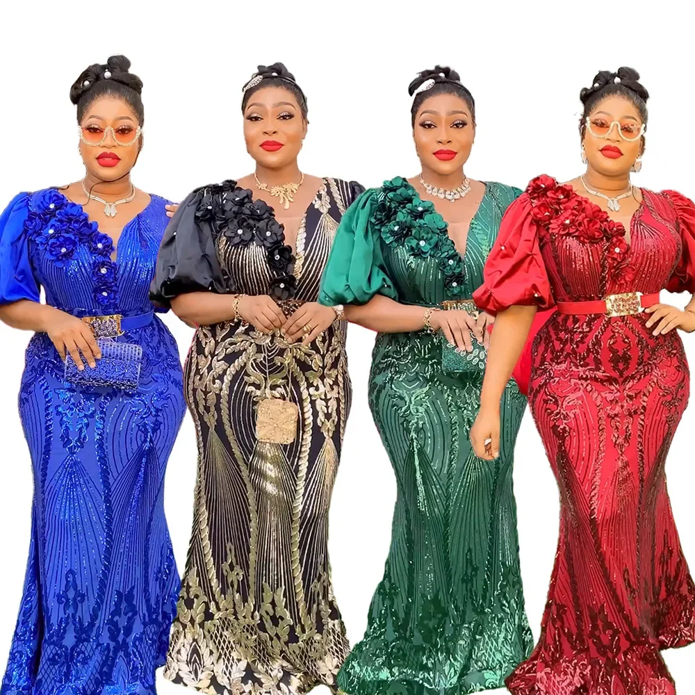 

African Party Long Dresses for Women Africa Clothing 2024 Plus Size Dashiki Ankara Sequin Evening Gowns Turkey Outfits Robe