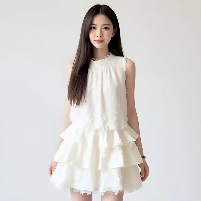 Summer New Commute Style Rice Apricot Sleeveless Cake Dresses Sweet Japanese Playful Dress for Women Concise Chic Womans Clothes
