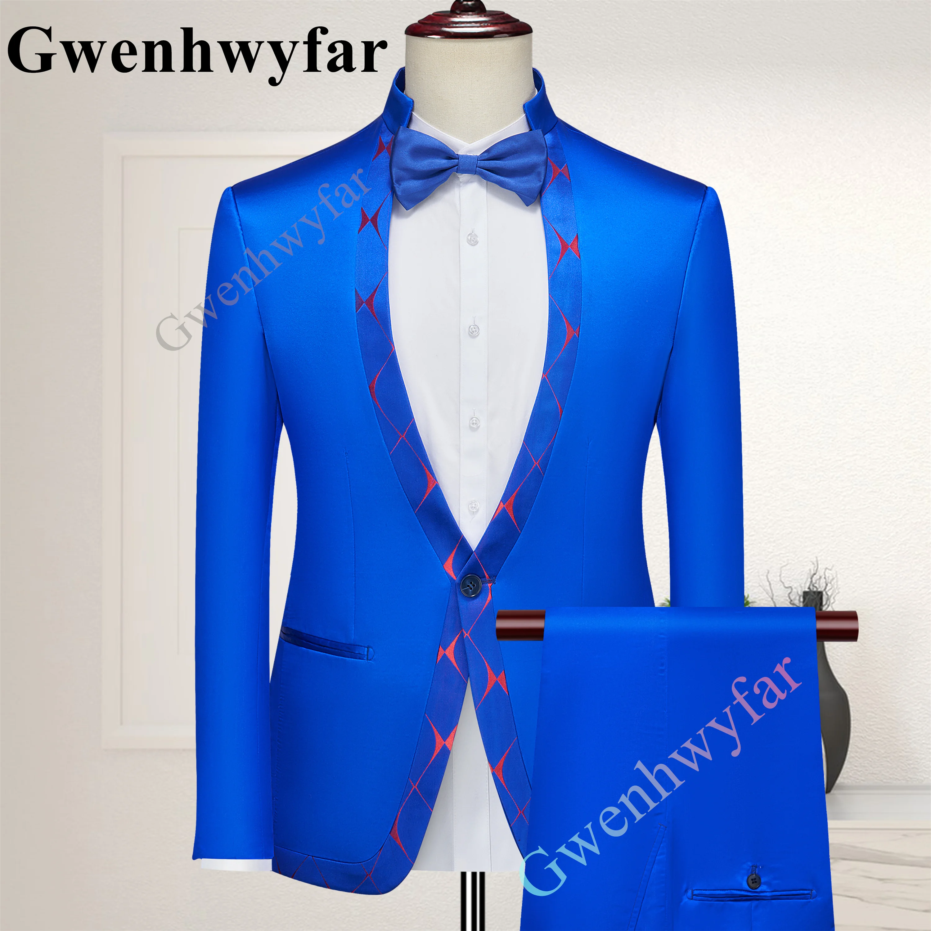 

Gwenhwyfar 2 Pcs Jacket Royal Blue Men's Single Breasted Blazer Regular Slim Fit Stand Collar Prom Tuxedos Costume Homme Daily