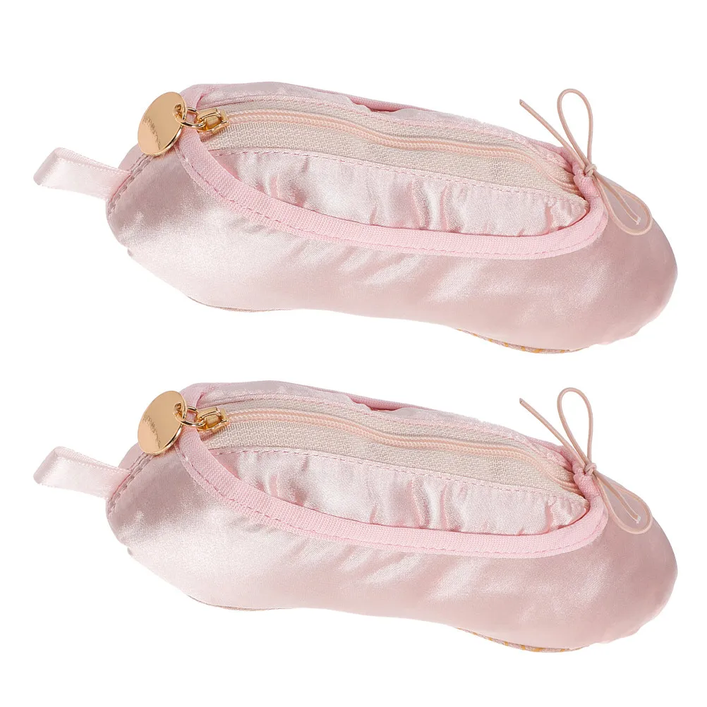 2pcs-ballet-slipper-pencil-bag-satin-finish-dance-shoe-makeup-organizer-pouch-multi-functional-brush-storage
