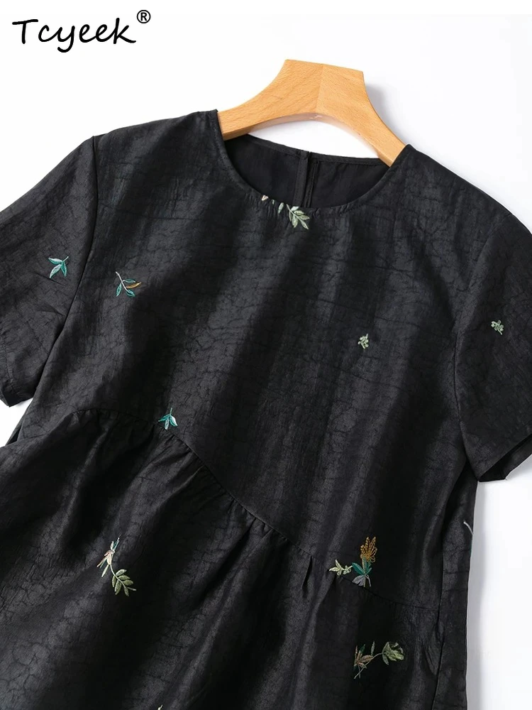 Tcyeek 100% Real Silk Tops for Women 2026 Spring Summer Chinese-style Embroidered Round-neck Top Clothes for Woman Tops De Mujer