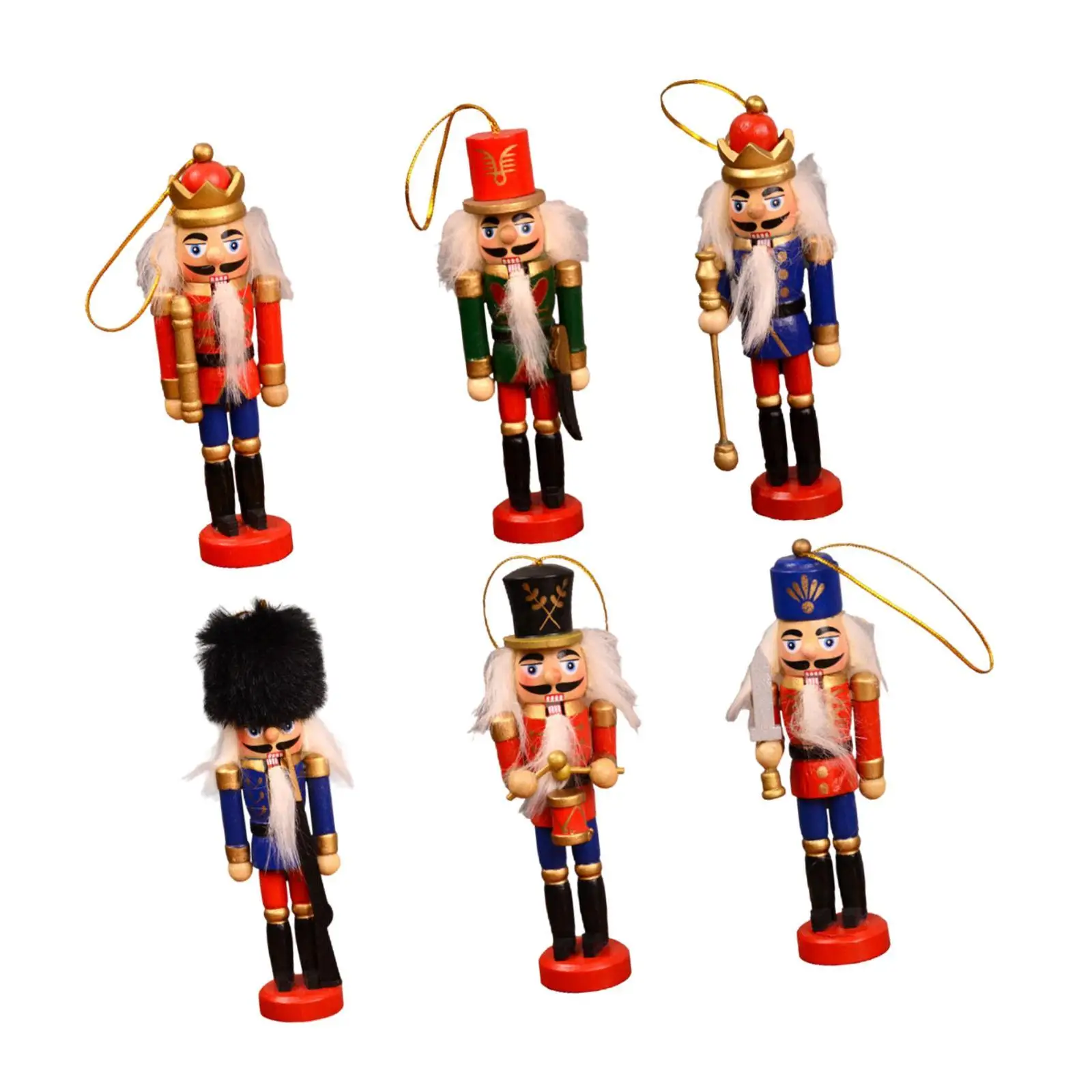 6x Christmas Nutcracker Hanging Ornament 4.9x1.5inch Multipurpose Traditional for Holiday Gift Decorative Wood Doll